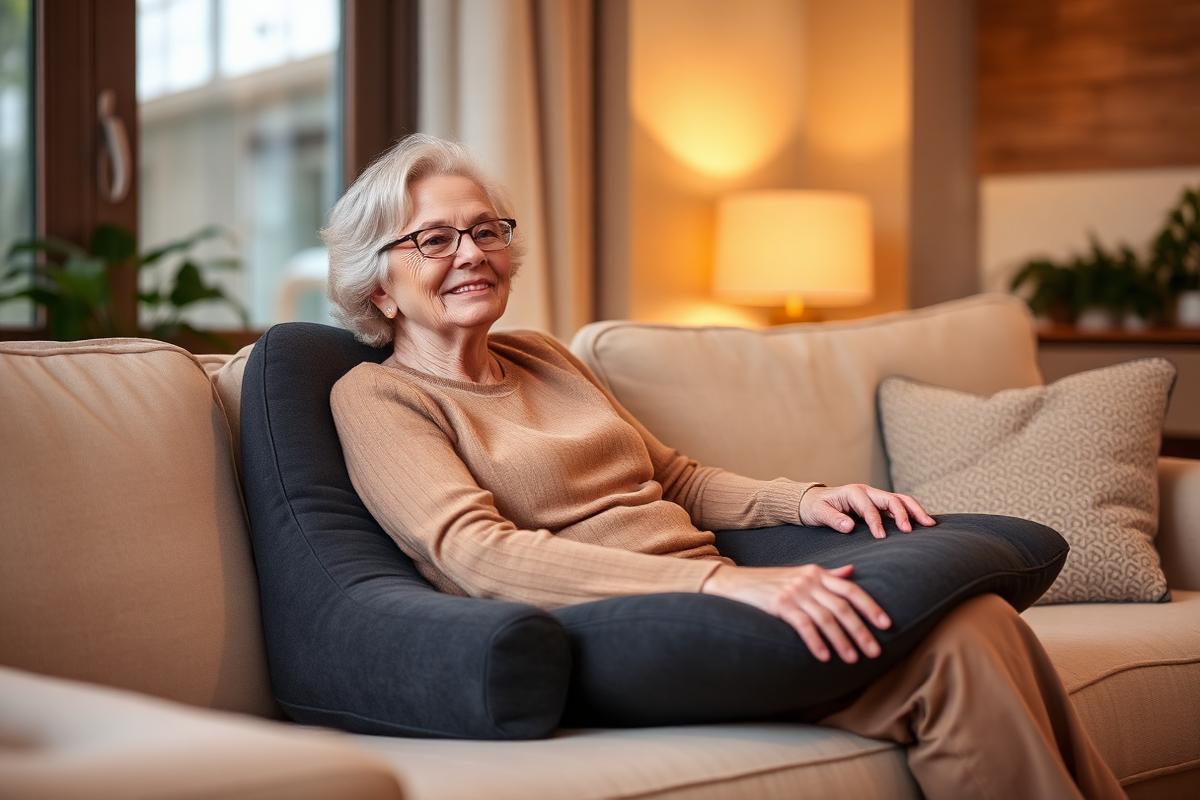 Seniorin sitzt entspannt auf dem Sofa mit ErgoPad Sitzkissen